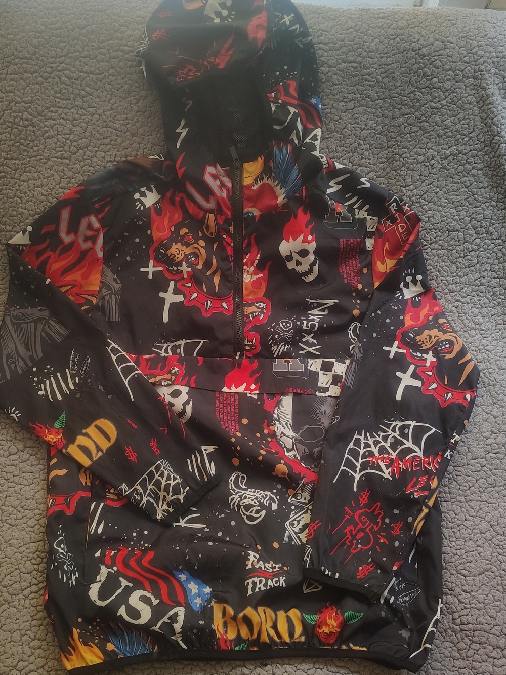 Reason Black Windbreaker Jacket with Red, Orange & White Graphics